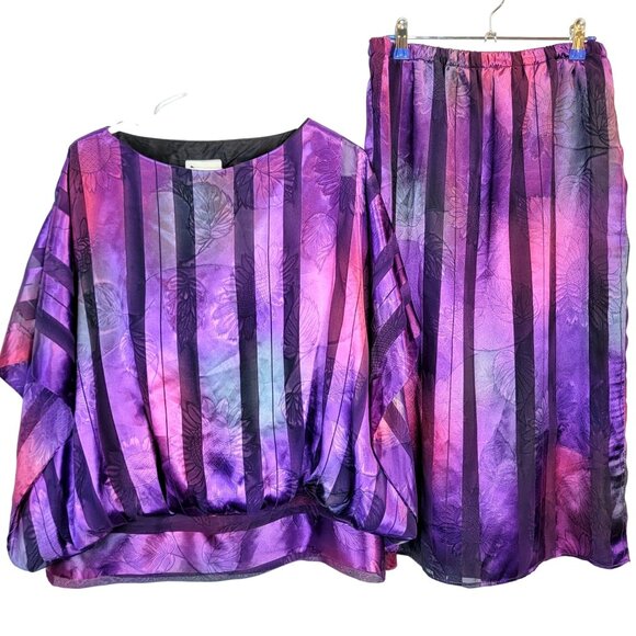 Vintage Dresses & Skirts - Vintage 80s Set Women 12 Colorful Floral Stripe Midi Skirt Blouse Top Shirt Pink